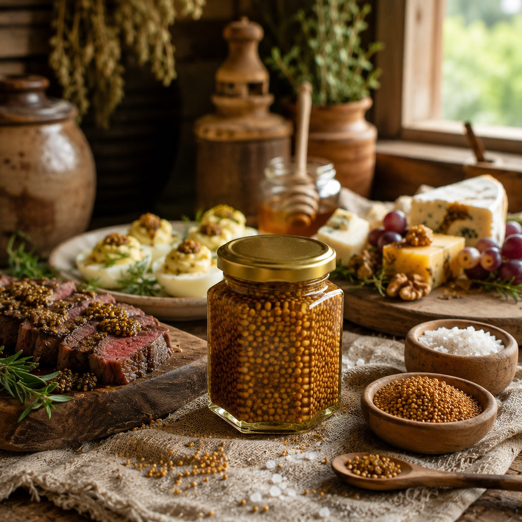 Table with a jar of mustard caviar, bowls of spices, and a platter of food.