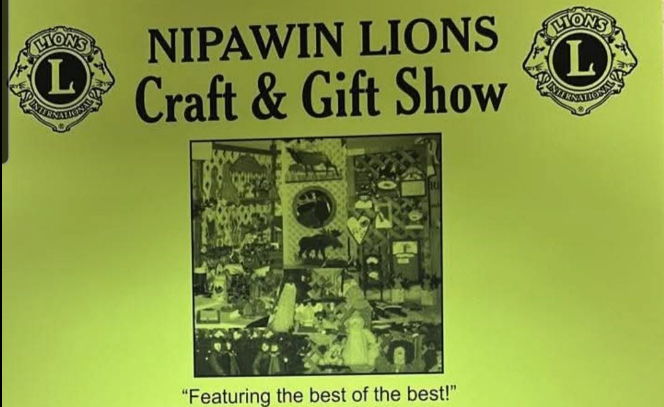 A vintage promotional poster or cover for the Nipawin Lions Craft & Gift Show, featuring a bright yellow-green background, black text, two Lions logos, and a central black-and-white photograph of a craft fair interior.