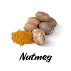 Piles of whole nutmeg and ground nutmeg on a white background with 'Nutmeg' text.