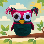 Crocheted owl with pink hair on a branch with leaves and sun in the background