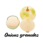 Onions and onion granules on a white background with 'Onions granules' text.
