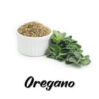 Oregano leaves and ground oregano in a white container on a white background with 'Oregano' text.