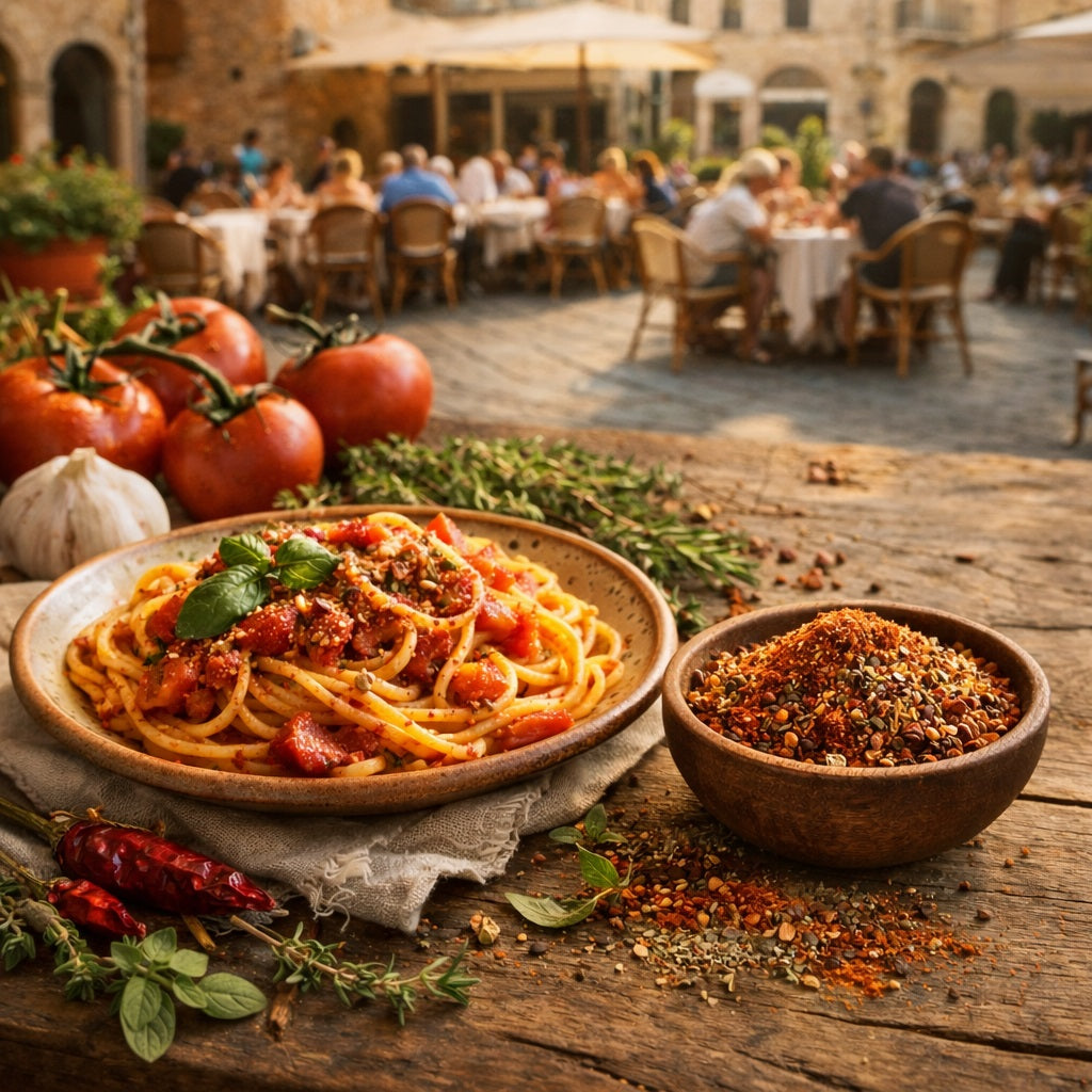 Spaghetti dish with a bowl of Pasta a la Mama spice Blend on a wooden table, outdoor setting with people in the background.