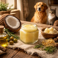 Jar of Paw & Nose Balm on a wooden table with coconuts, a bottle of oil, and a a dog and a cat in the background.