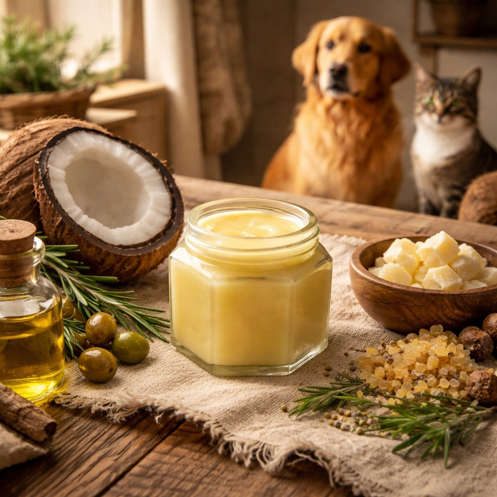 Jar of Paw & Nose Balm on a wooden table with coconuts, a bottle of oil, and a a dog and a cat in the background.