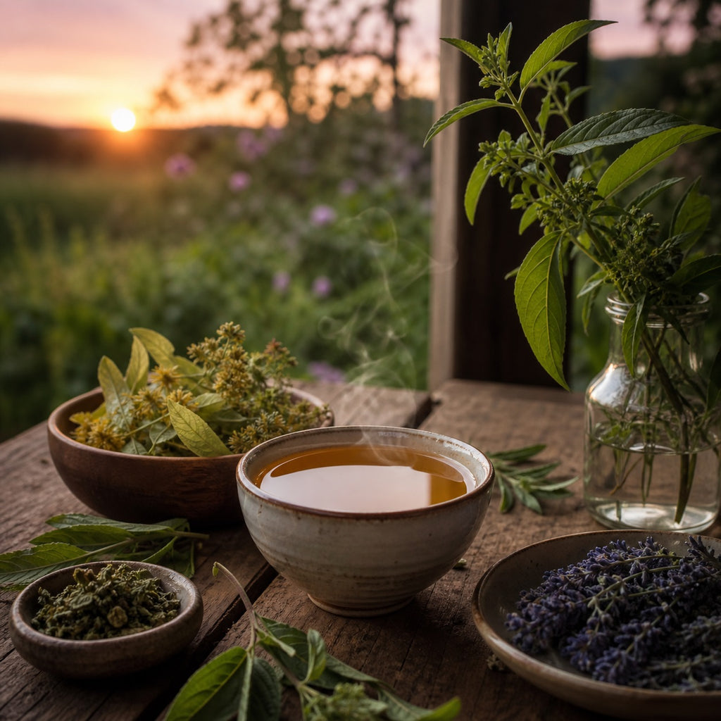 Peaceful Evening in a tea cup with herbs on a wooden table with sunset in the background