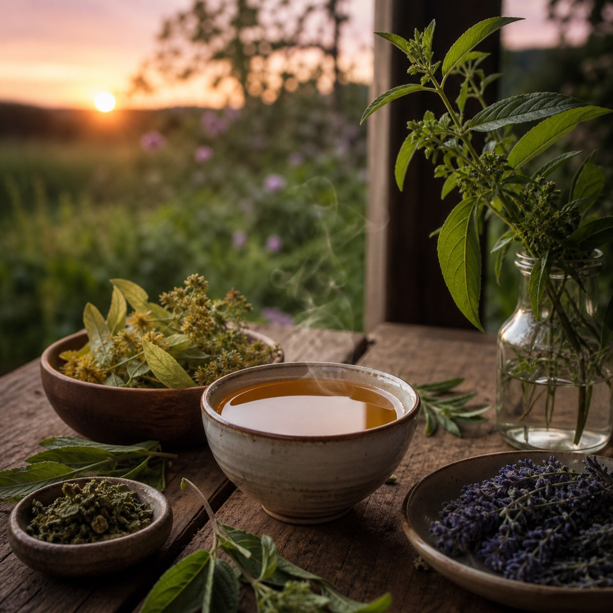 Peaceful Evening in a tea cup with herbs on a wooden table with sunset in the background