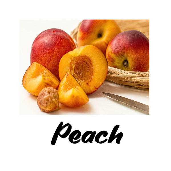 Peaches with a knife on a white background, featuring the word 'Peach'.