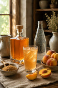 Glass of Peach Shrub with ice and sparkling water on a table with a bottle of Peach Shrub and bowls of ingredients.