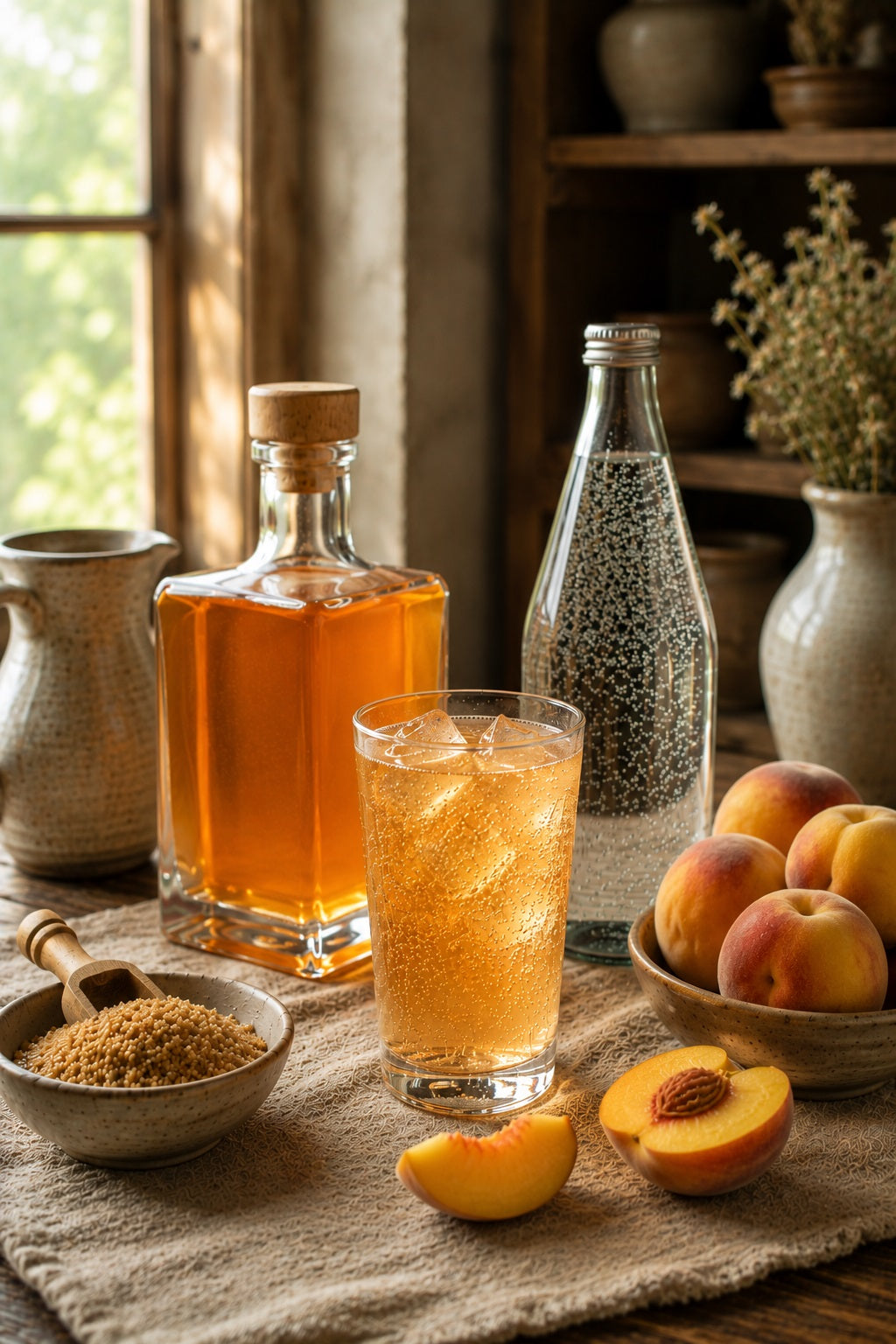 Glass of Peach Shrub with ice and sparkling water on a table with a bottle of Peach Shrub and bowls of ingredients.