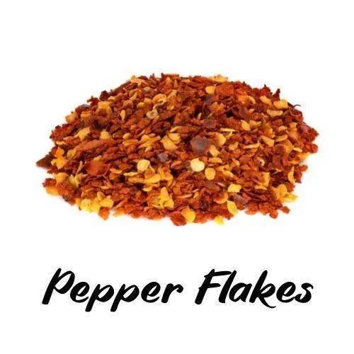 Red pepper flakes on a white background with 'Pepper Flakes' text.