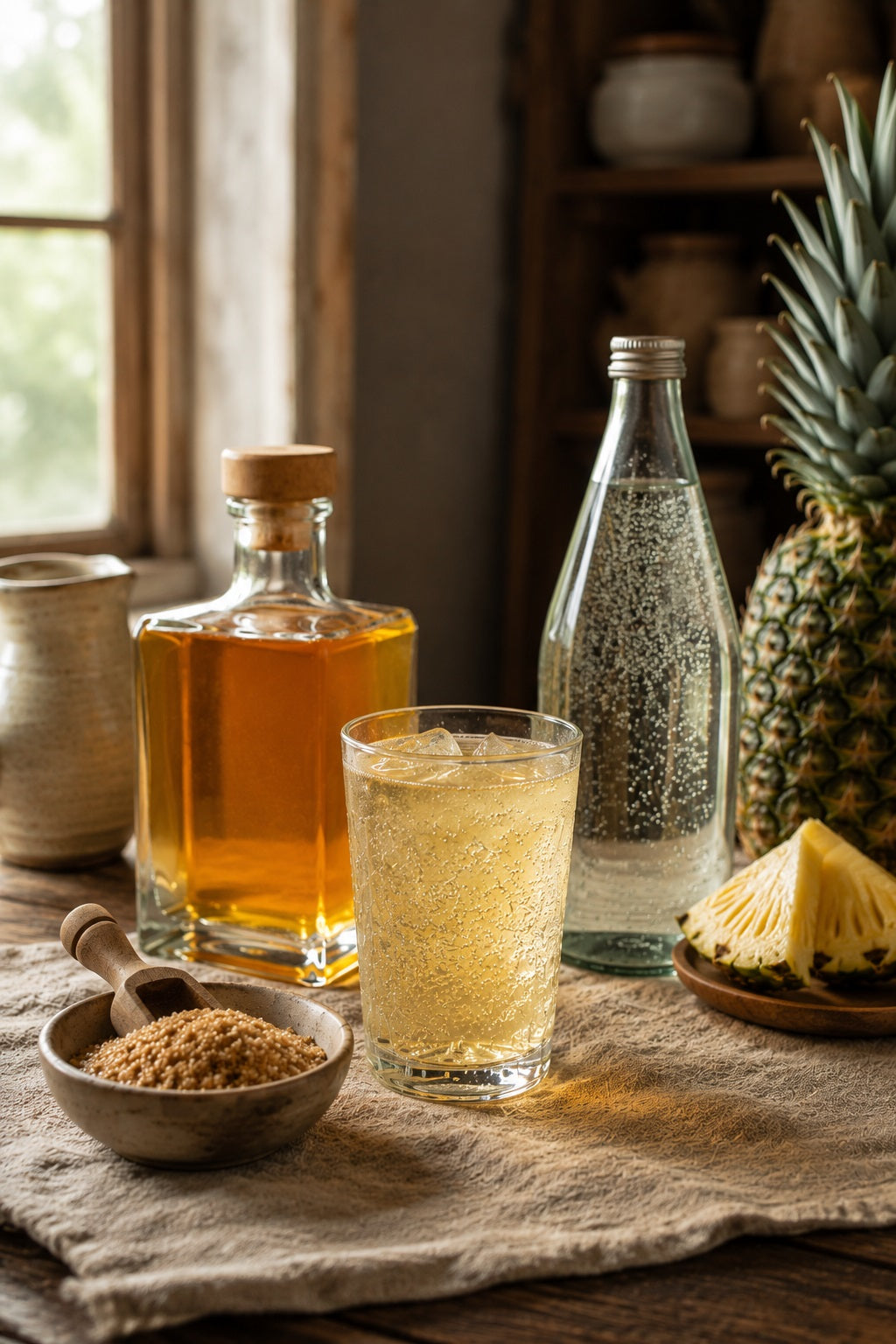 Glass of Pineapple Shrub with ice and sparkling water on a table with a bottle of Pineapple Shrub and bowls of ingredients.