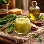 Jar of Plantain Salve on a wooden table with herbs and oil in the background