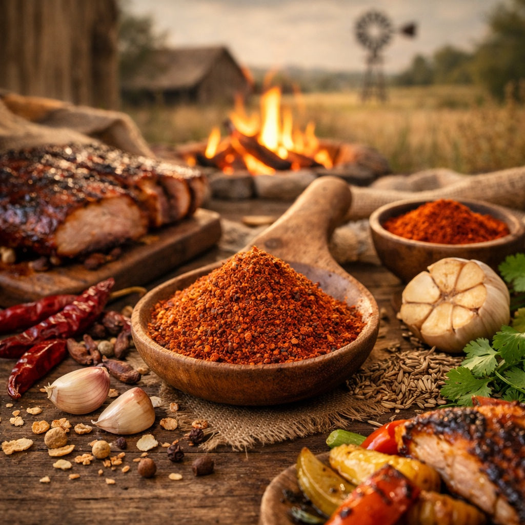 Prairie Fire Rub spices blend and grilled meats on a rustic outdoor setting with a fire and windmill in the background.