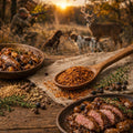 Prairie Hunter spice blend on a wooden spoon and a hunting scene with cooked meat, spices, and a deer in the background.