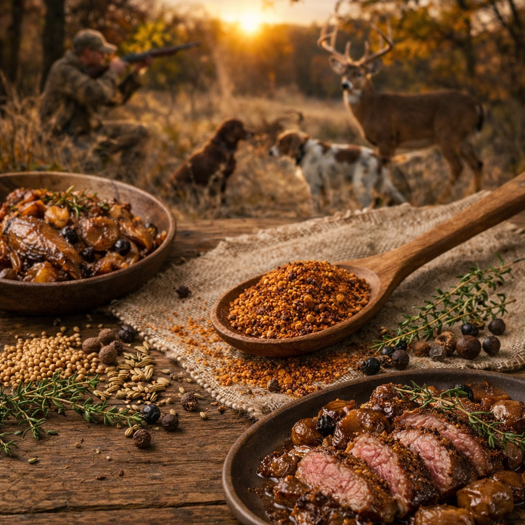 Prairie Hunter spice blend on a wooden spoon and a hunting scene with cooked meat, spices, and a deer in the background.