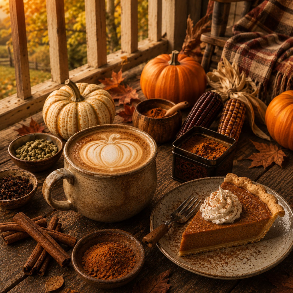 Autumn-themed setting with pumpkin pie latte with latte art, a pumpkin pie, and pumpkins on a wooden table.