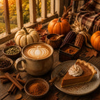 Autumn-themed setting with pumpkin pie latte with latte art, a pumpkin pie, and pumpkins on a wooden table.