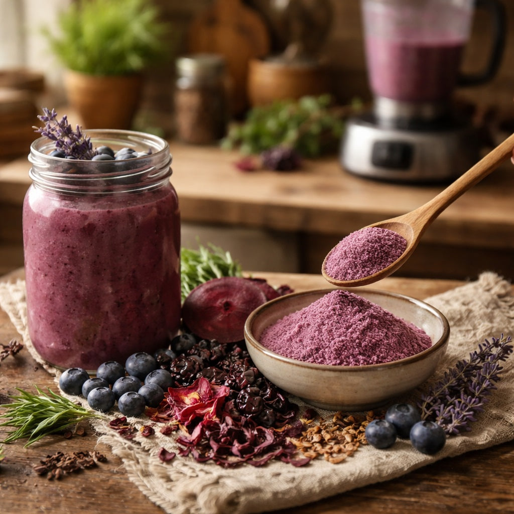 Purple smoothie in a  jar with ingredients on a wooden table