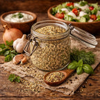 Jar of Ranch Dressing Blend on a wooden table with a spoonful of herbs and a salad in the background.