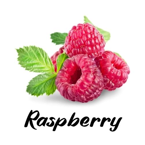 Three raspberries with green leaves on a white background, labeled 'Raspberry'.