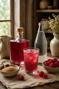 Glass of Raspberry Shrub with ice and sparkling water on a table with a bottle of Raspberry Shrub and bowls of ingredients.