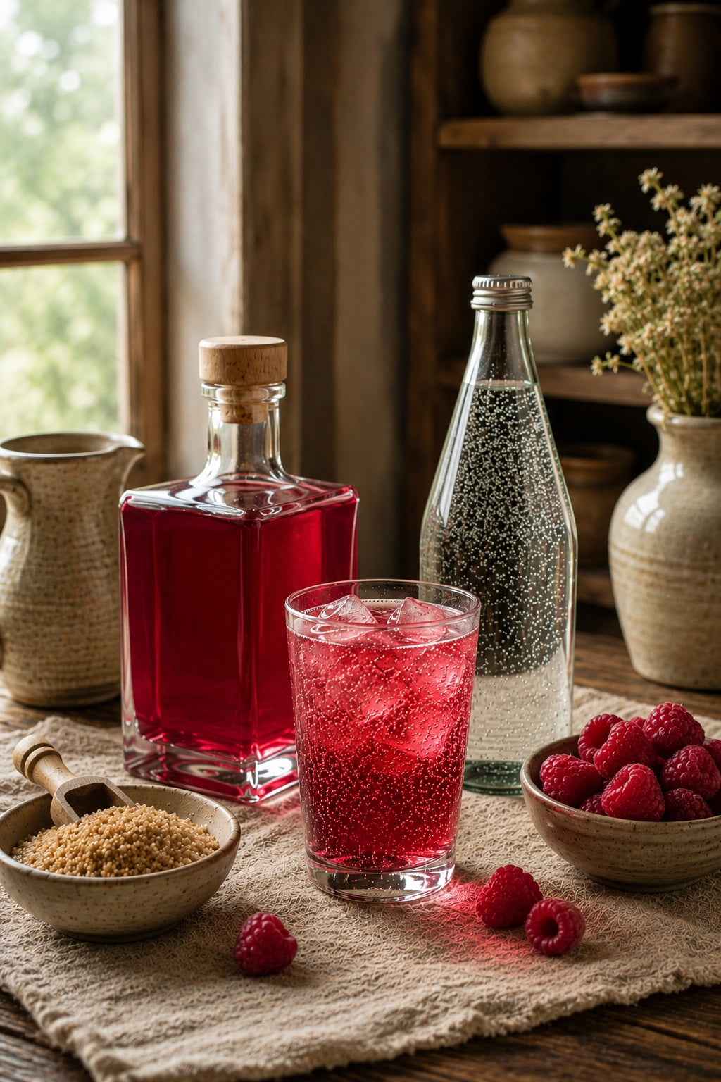 Glass of Raspberry Shrub with ice and sparkling water on a table with a bottle of Raspberry Shrub and bowls of ingredients.