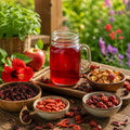 Mason jar of Red Fruit Happy Tea with dried herbs and fruits on a wooden table outdoors.