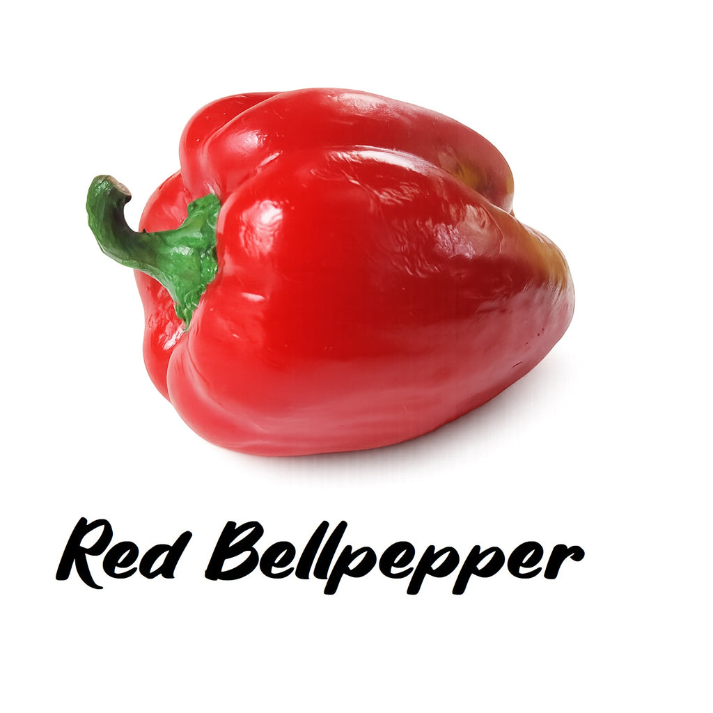 Red bell pepper with green stem on a white background, labeled 'Red Bellpepper'.