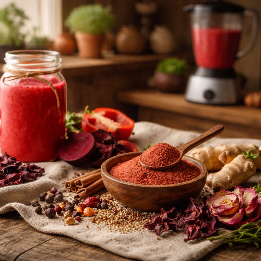 Red Smoothiein a jar with spices on a wooden table and a blender in the background