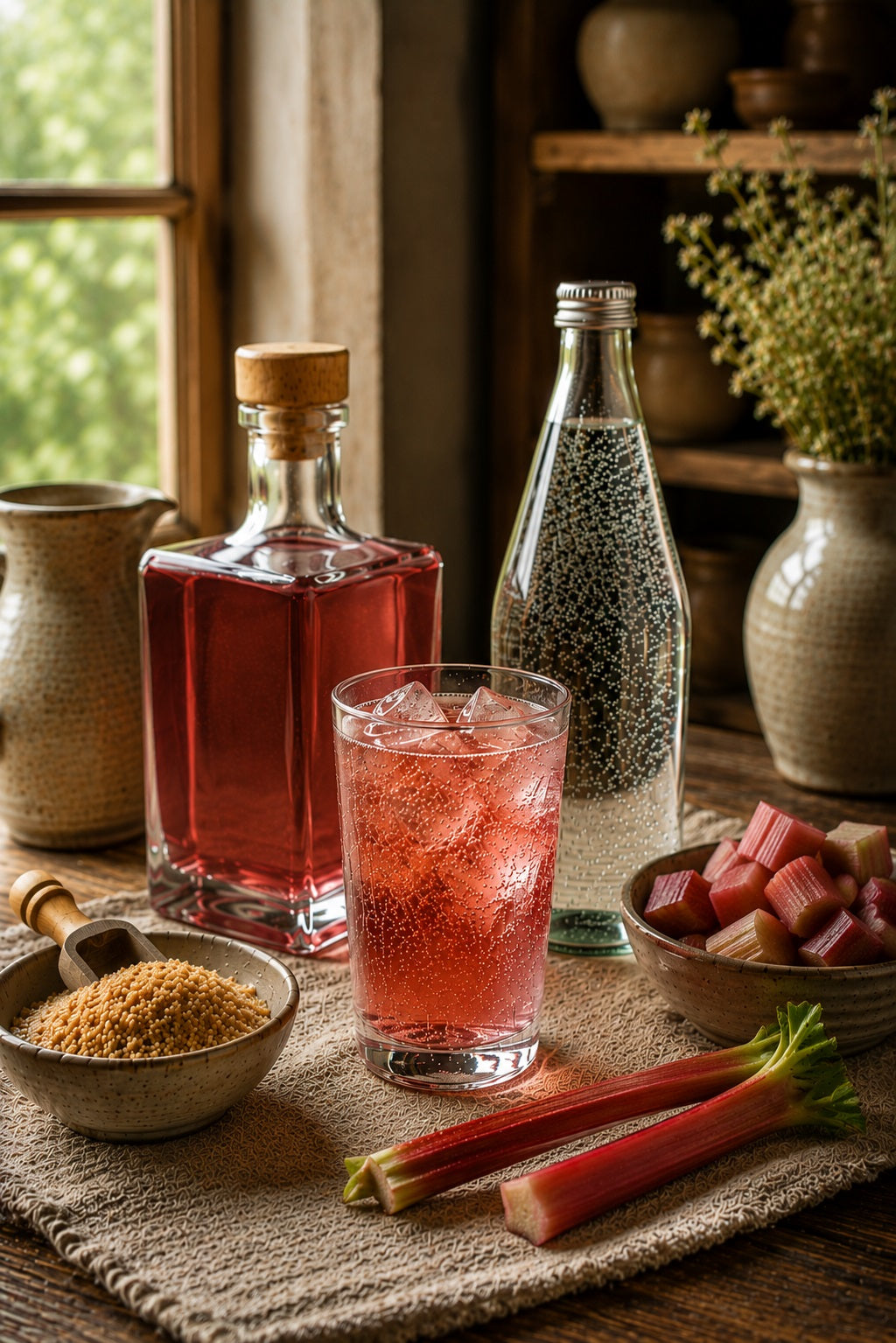 Glass of Rhubarb Shrub with ice and sparkling water on a table with a bottle of Rhubarb Shrub and bowls of ingredients.