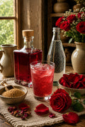 Glass of Rose Shrub with ice and sparkling water on a table with a bottle of Rose Shrub and bowls of ingredients.