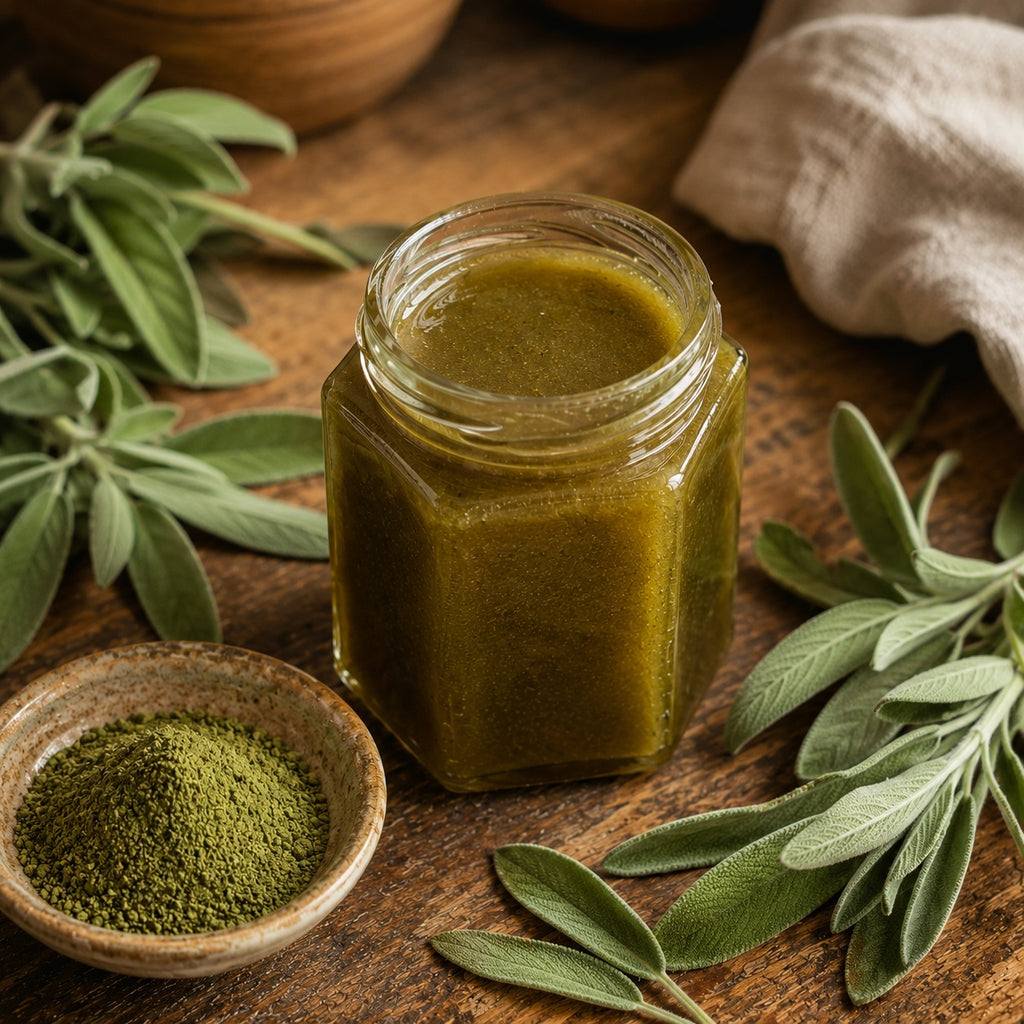 Jar of green Raw Sage Honey with a bowl of sage powder and sage leaves on a wooden surface