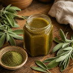 Jar of green Raw Sage Honey with a bowl of sage powder and sage leaves on a wooden surface