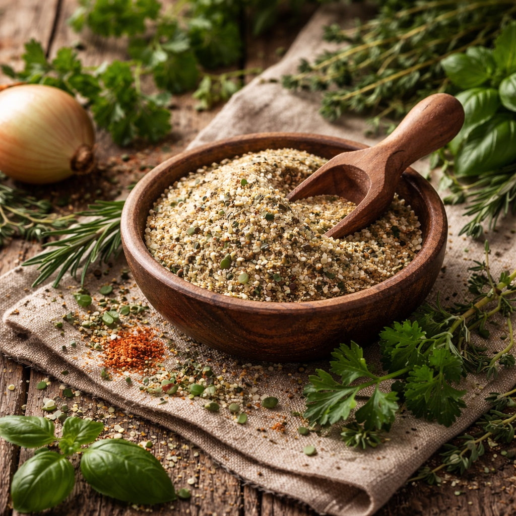 Wooden bowl of ground salt-free spice with a wooden scoop, surrounded by fresh herbs and an onion on a rustic wooden surface.