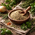 Wooden bowl of ground salt-free spice with a wooden scoop, surrounded by fresh herbs and an onion on a rustic wooden surface.
