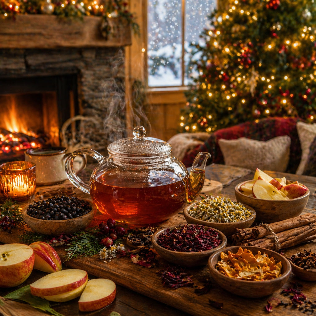 Saskatchewan Christmas Tea set on a wooden table with Christmas decorations, including a tree and fireplace.
