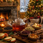 Saskatchewan Christmas Tea set on a wooden table with Christmas decorations, including a tree and fireplace.