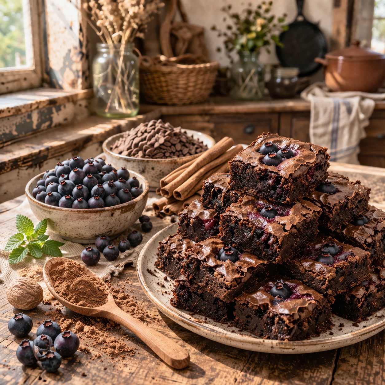 Saskatoon Brownie Blend powder in a wooden bowl with a cup of coffee, brownies, and berries on a rustic wooden table. 