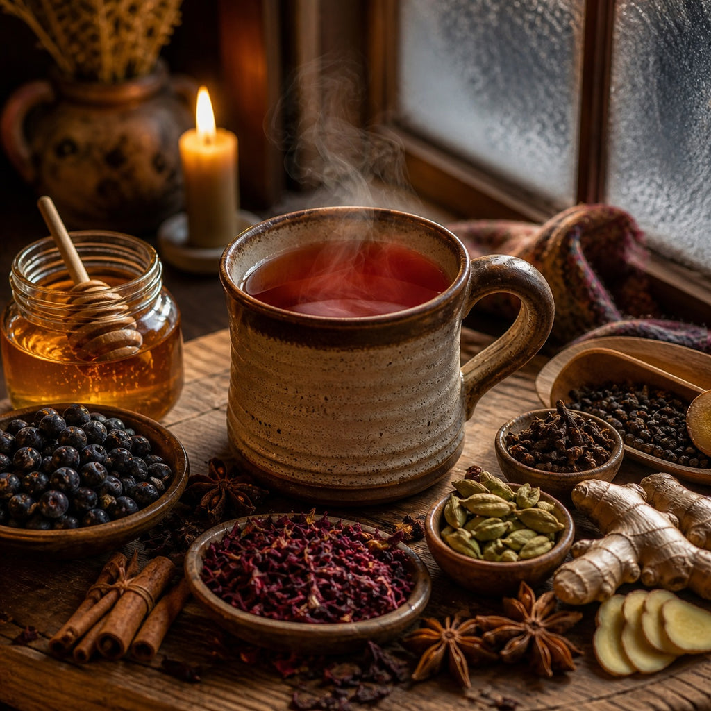 Steaming mug of Saskatoon Chai surrounded by various herbs and spices on a wooden surface.