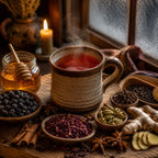 Steaming mug of Saskatoon Chai surrounded by various herbs and spices on a wooden surface.