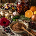Saskatoon Fire Cider Spice Blend on a wooden spoon. Spices and herbs on a wooden table with a jar of Saskatoon Fire Cider.