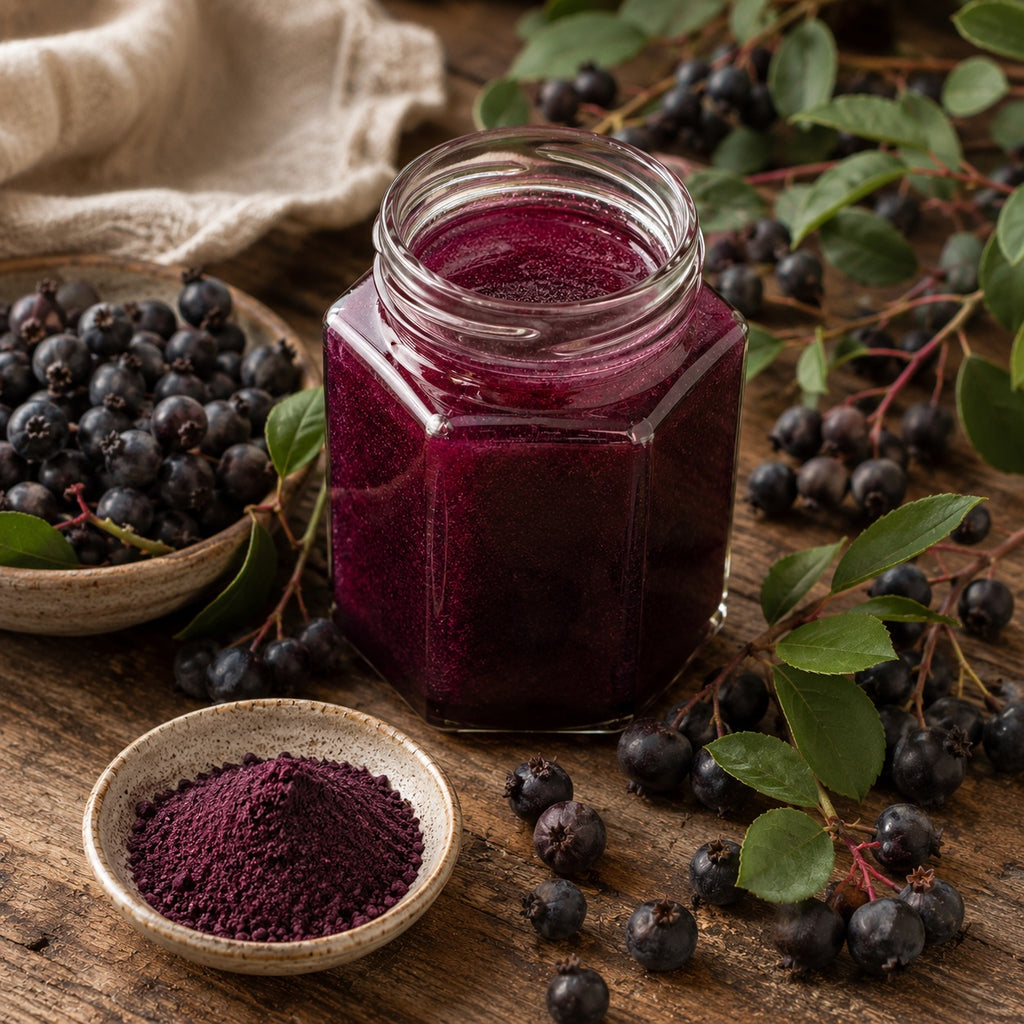 Jar of purple Raw Saskatoon Honey with Saskatoonberries and leaves on a wooden surface