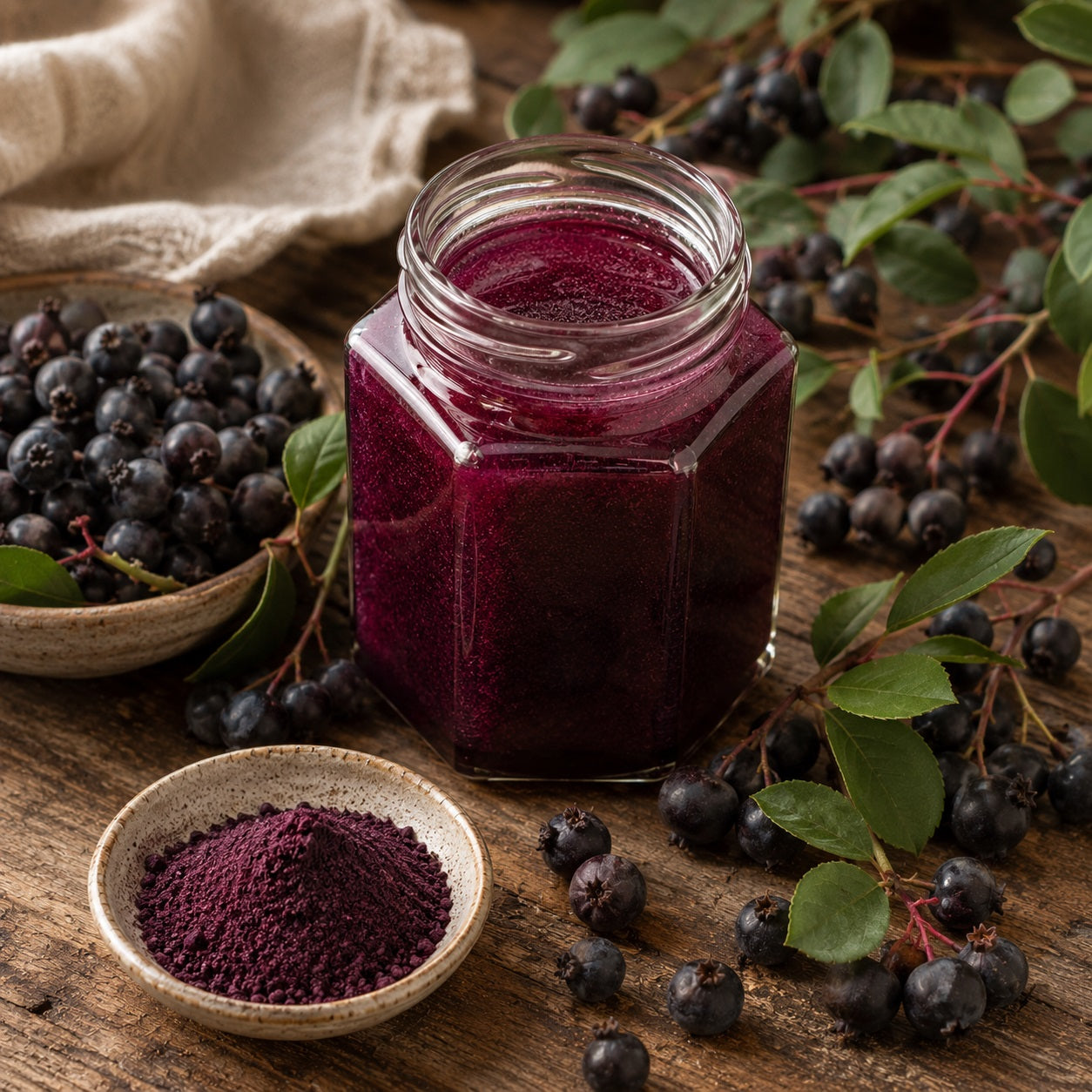 Jar of purple Raw Saskatoon Honey with Saskatoonberries and leaves on a wooden surface