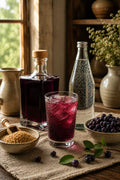 Glass of Saskatoon Shrub with ice and sparkling water on a table with a bottle of Saskatoon Shrub and bowls of ingredients.