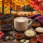 Cup of Saskatoon White Chocolate Latte with latte art on a wooden table with autumn leaves and berries in the background.
