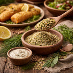 Wooden bowls with Sauce of Tartar spice blend, herbs, and a dish of fish fillets on a wooden surface.