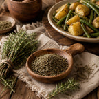 A wooden spoon filled with dried savoury sits on a rustic table beside fresh savoury sprigs, with cooked potatoes and green beans in a bowl in the background.