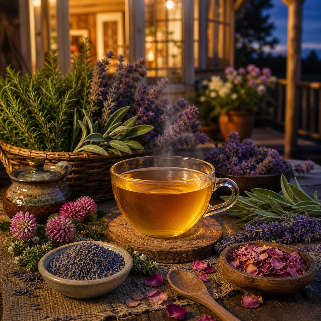 A cup of Serenity Haven Herbal Tea on a porch suroundet by herbs