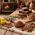 Settler's Brownie lend spices blend on a wooden spoon and ingredients on a wooden table with brownies and a stove in the background